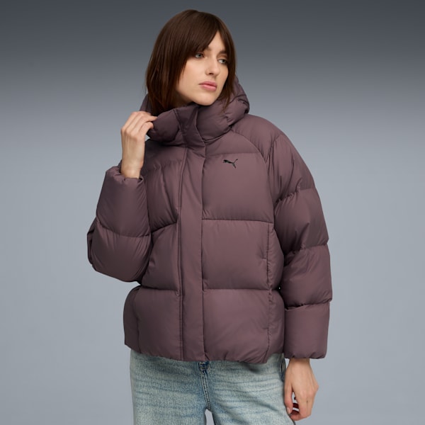 Hooded Down Puffer Jacket Women, Raisin, extralarge
