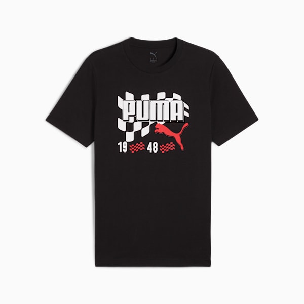 Black PUMA T-shirt for adults with a logo and checkered flag graphic design.