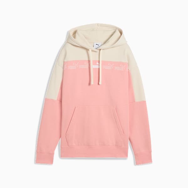 Pink PUMA hoodie for women, with a hood, kangaroo pocket and logo band.