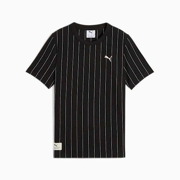 Black PUMA T-shirt for adults with vertical white stripes and a logo on the chest.
