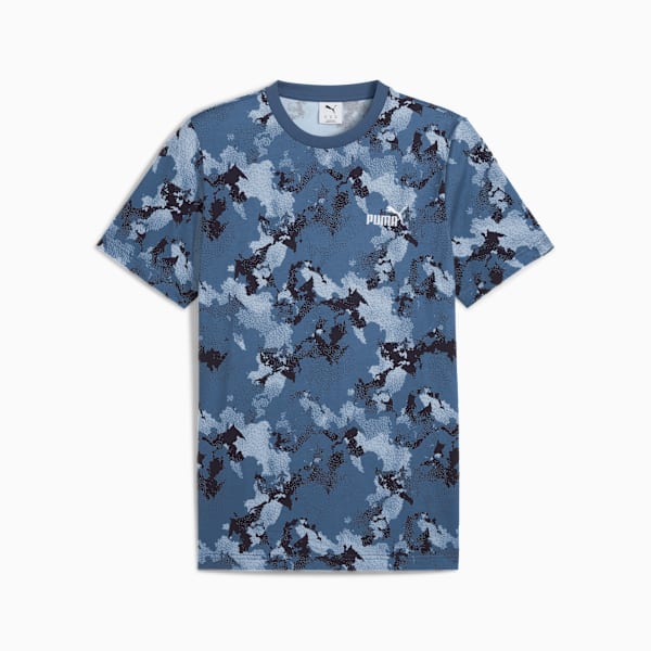 Blue PUMA t-shirt for adults with a camo pattern and the brand's logo on the chest.