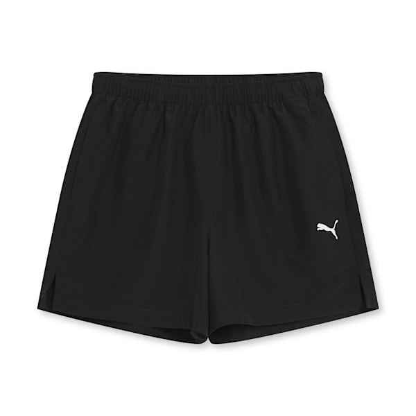 Black PUMA woven shorts, women's, with elasticated waistband and logo.