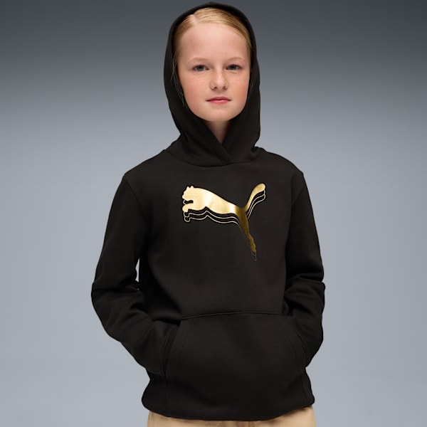 Essentials Metallic Girls' Fleece Hoodie, PUMA Black-metallic gold, extralarge-IND