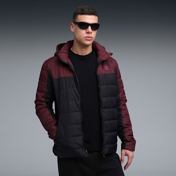 Essentials Men's Colorblock Insulated Padded Jacket, PUMA Black-Ruby Shimmer, extralarge-IND