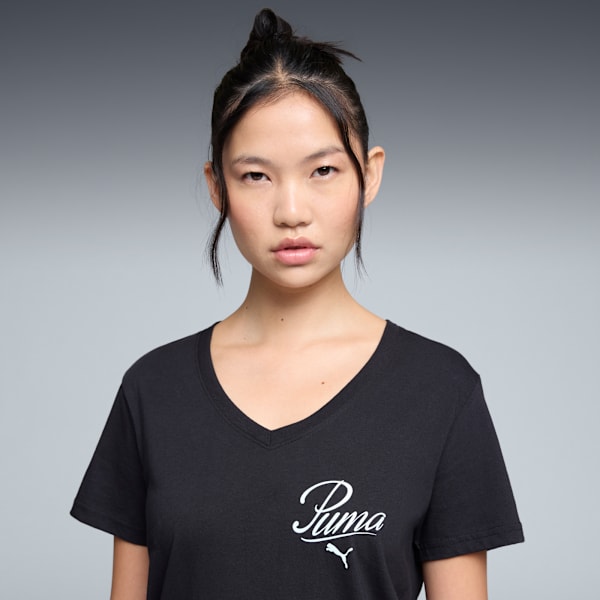 Essentials Script V-Neck Tee Women, PUMA Black, extralarge