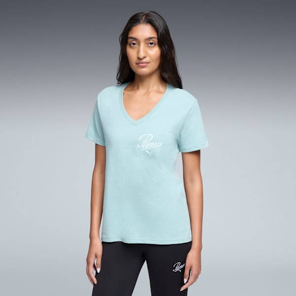 Essentials Script V-Neck Tee Women, Light Moss, extralarge