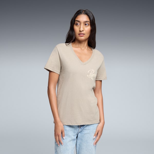 Essentials Script V-Neck Tee Women, Ice Coffee, extralarge