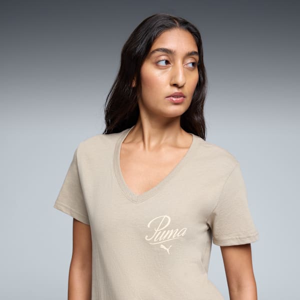 Essentials Script V-Neck Tee Women, Ice Coffee, extralarge
