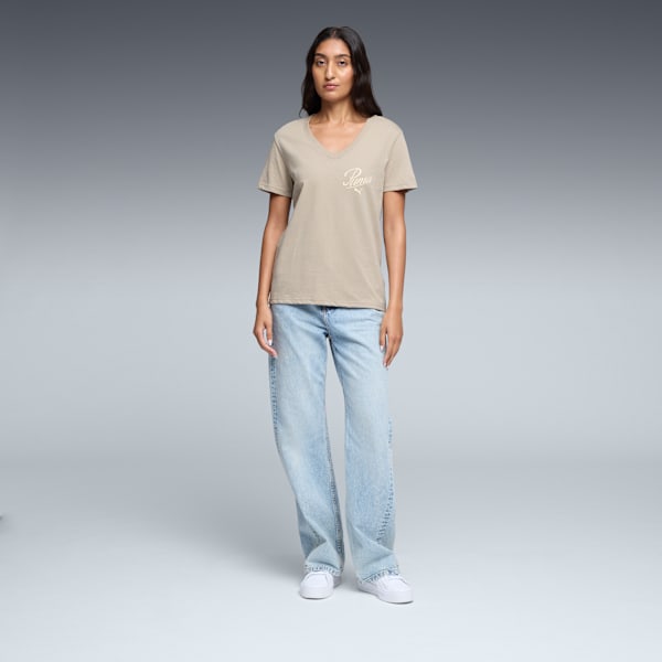 Essentials Script V-Neck Tee Women, Ice Coffee, extralarge