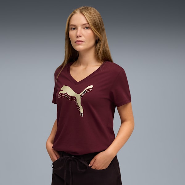 Playera con cuello en V ESS METALLIC para mujer, Ruby Shimmer, extralarge