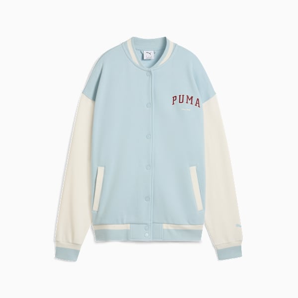 Light blue PUMA jacket for women with white sleeves and button closure.