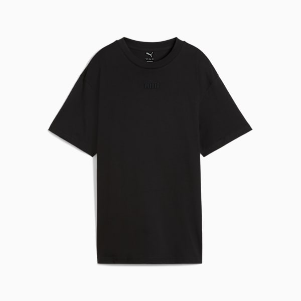 Black PUMA women's T-shirt with a subtle, tonal logo on the chest.