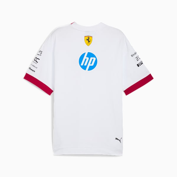 White PUMA T-shirt unisex with red sleeve trim and sponsor logos on the back.