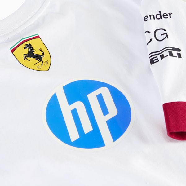 White PUMA T-shirt with HP and Ferrari logos, and sleeve sponsor branding.