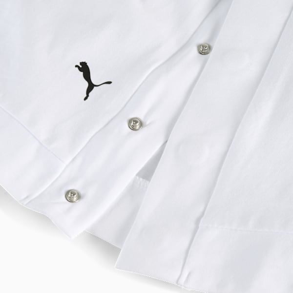 White PUMA shirt, with a snap button closure and a black logo.
