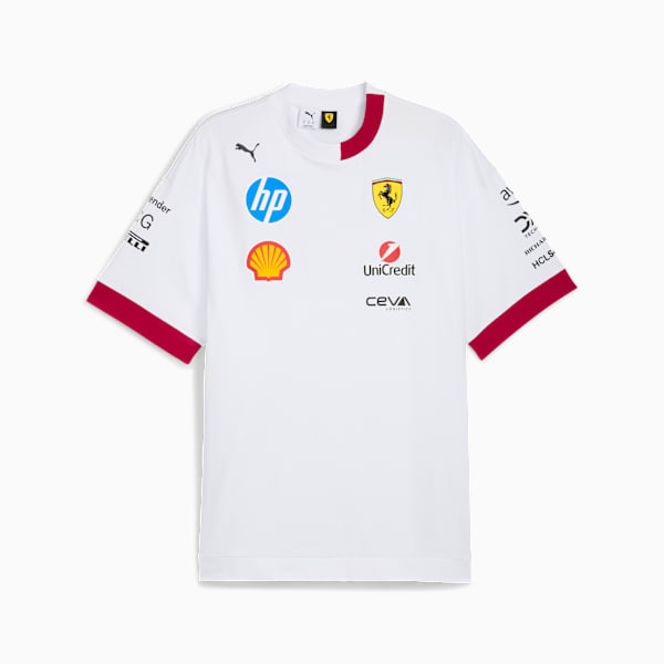 White PUMA T-shirt for adults, featuring logos and red accents on the sleeves and neck.