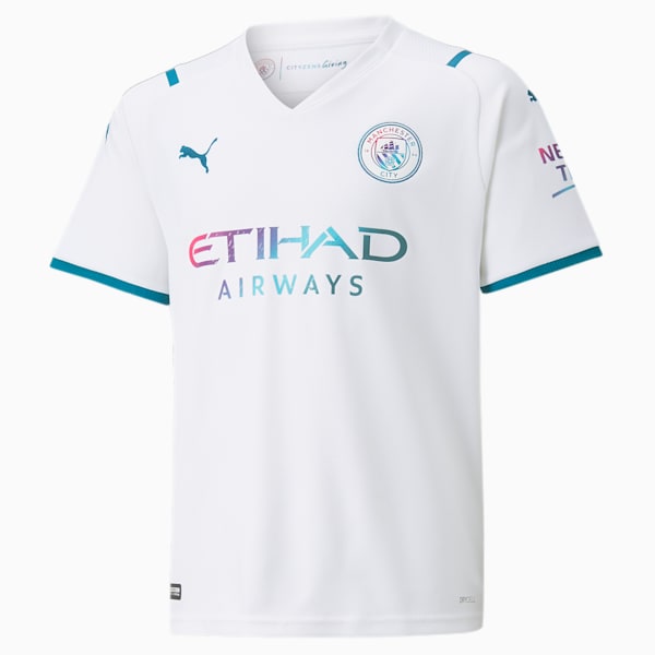 Manchester City Away Kid's Replica Shirt, Puma White-Ocean Depths