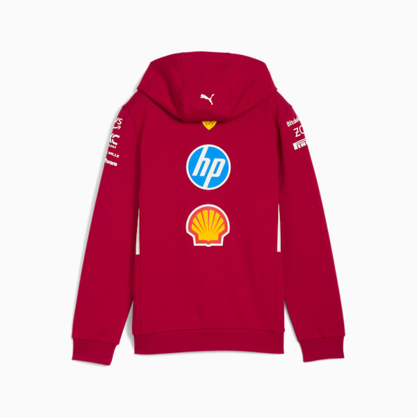 Burgundy PUMA hooded top for adults with sponsor logos on the back and sleeves.
