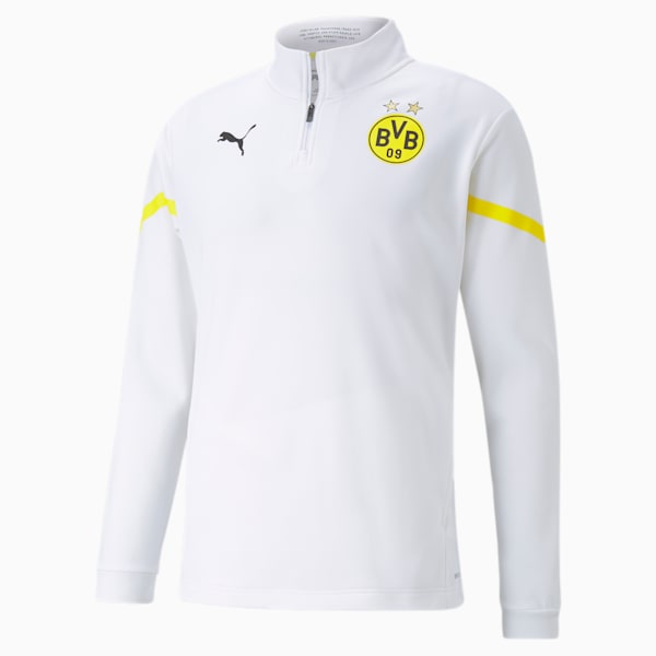 BVB Prematch Men's Regular Fit 1/4 Zip Performance T-Shirt, Puma White-Cyber Yellow, extralarge-IND