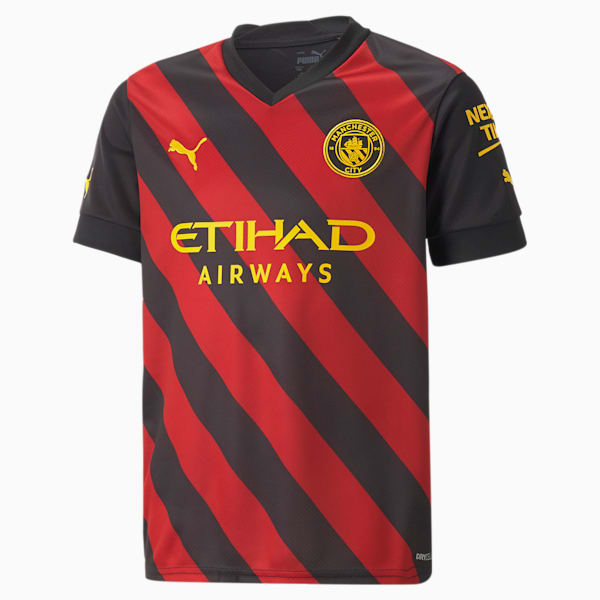 Jersey juvenil replica visitante del Manchester City F.C. 22/23, Puma Black-Tango Red, extralarge