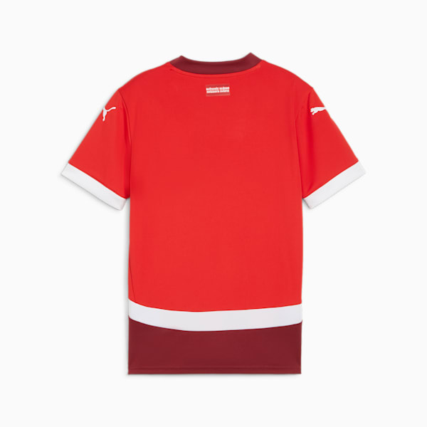 Red PUMA shirt for youth with white sleeve trim and lower stripe and dark red hem.