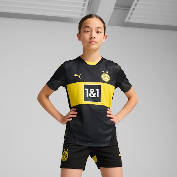 Borussia Dortmund 24/25 Big Kids' Replica Away Soccer Jersey, PUMA Black-Faster Yellow, extralarge