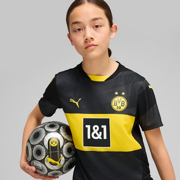 Borussia Dortmund 24/25 Big Kids' Replica Away Soccer Jersey, PUMA Black-Faster Yellow, extralarge