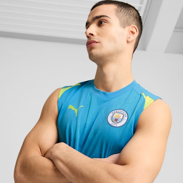 Manchester City Sleeveless Training Men's Slim Fit Football Jersey, Magic Blue-Yellow Glow, extralarge-IND