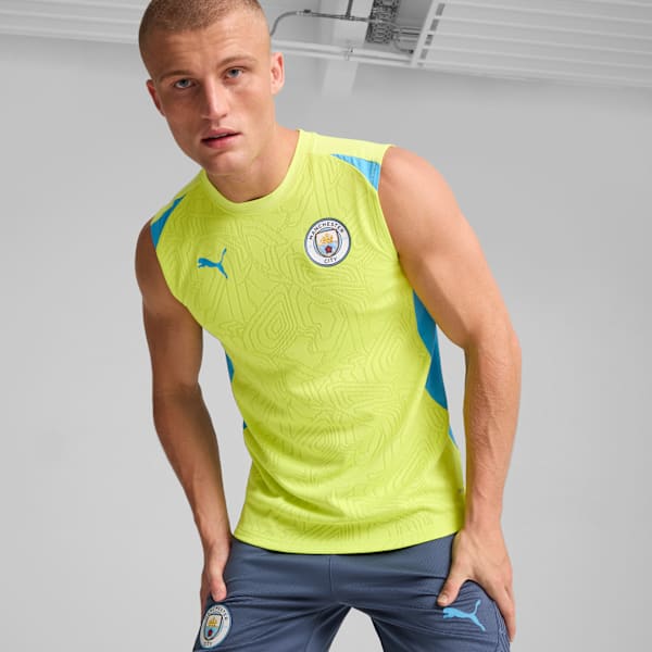 Manchester City Sleeveless Training Men's Slim Fit Football Jersey, Yellow Glow-Magic Blue, extralarge-IND
