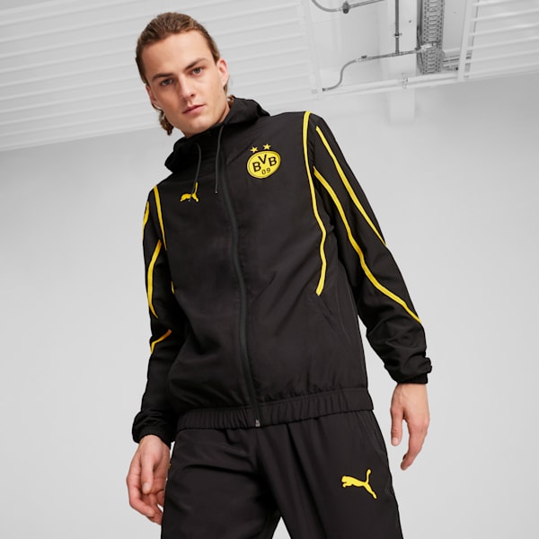 Veste de soccer tissée d’avant-match Borussia Dortmund Homme, PUMA Black-Faster Yellow, extralarge