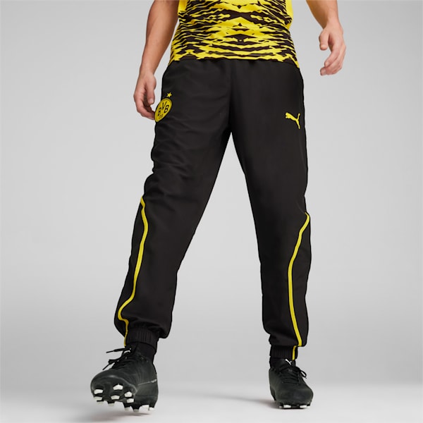 メンズ ドルトムント 2024-25 プレマッチ ウーブン パンツ, PUMA Black-Faster Yellow, extralarge-JPN