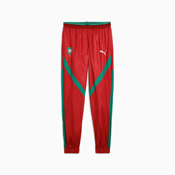 Red PUMA trousers with green stripes, the Puma logo, and a Moroccan emblem.