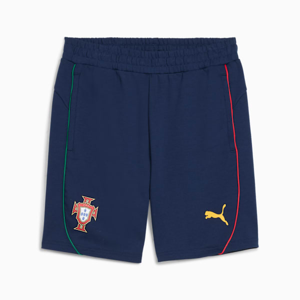Navy PUMA kids' shorts with Portugal crest and gold logo, trimmed with red and green.