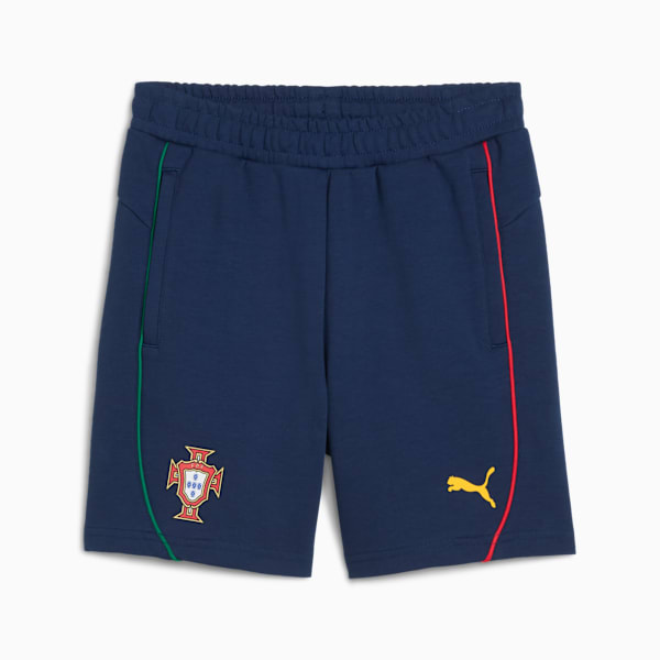 Navy PUMA child's shorts with Portugal crest, yellow logo and coloured seam details.