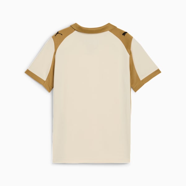 Beige PUMA polo shirt for adults with short sleeves and colour block design.