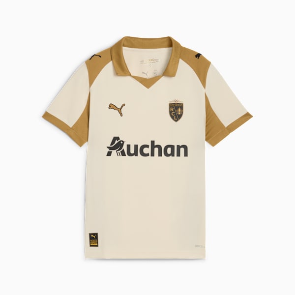 Beige PUMA men's shirt with short sleeves, collar and brand and sponsor logos.