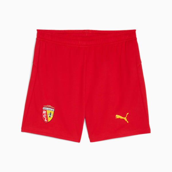 Red PUMA shorts for youth, featuring club emblem and brand logo.