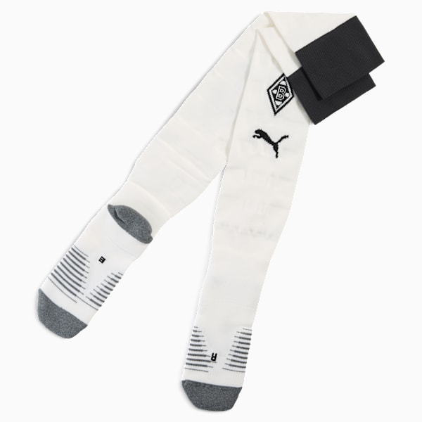 White PUMA socks show the brand's logo and grey accents.