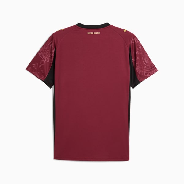Burgundy PUMA men's shirt with patterned sleeves and 'MEKTEB-I SULTANI' text.