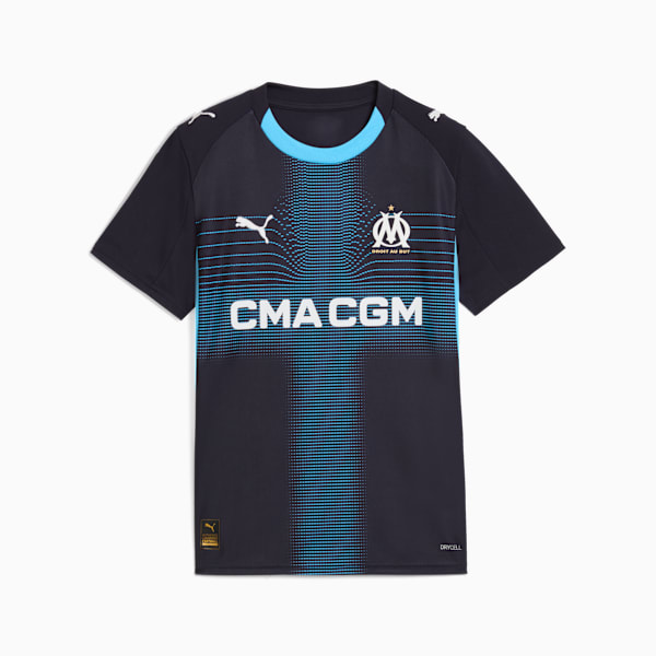 Navy PUMA jersey for youth, featuring light blue accents and sponsor logos.