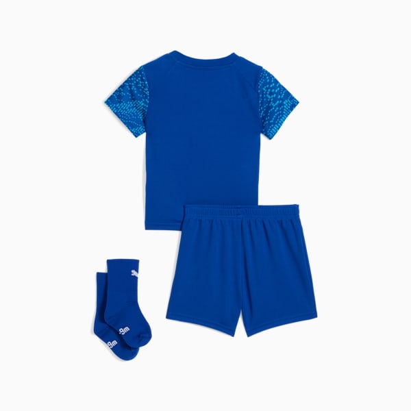 Blue PUMA set for kids, including a shirt, shorts, and socks, all in matching blue tones.