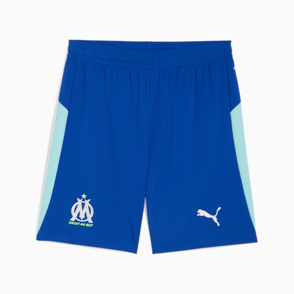 Blue PUMA shorts for youth, featuring club emblem and side panel detail.