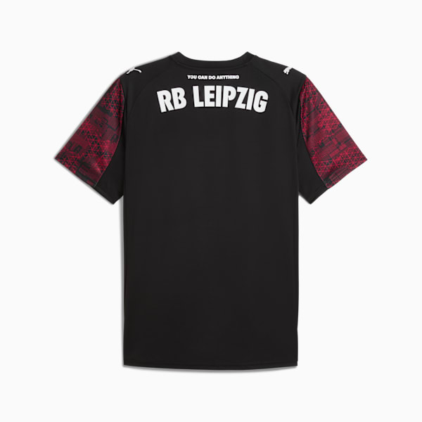 Black PUMA men's T-shirt with 'RB LEIPZIG' text and patterned sleeves.