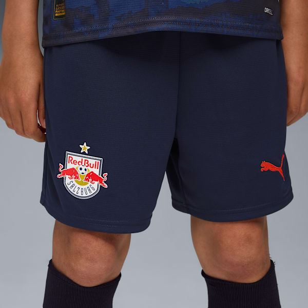 Against a grey backdrop, a model wears navy shorts with red logos and dark socks.
