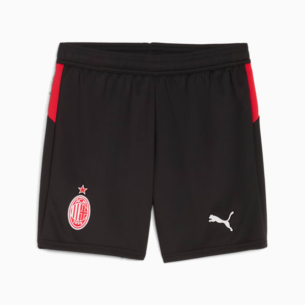 Black PUMA child's shorts with red side detail and club/brand logos.