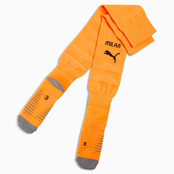 Orange PUMA socks feature the Milan logo and subtle stripe detailing.