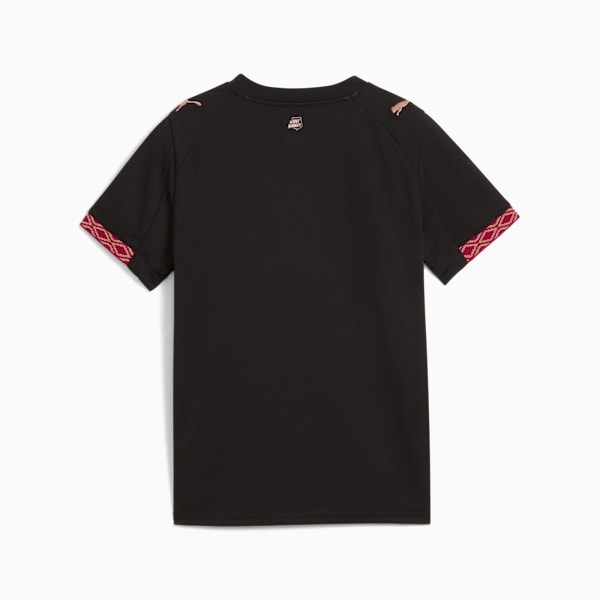Black PUMA T-shirt for adults, featuring short sleeves with patterned trim and logo details.