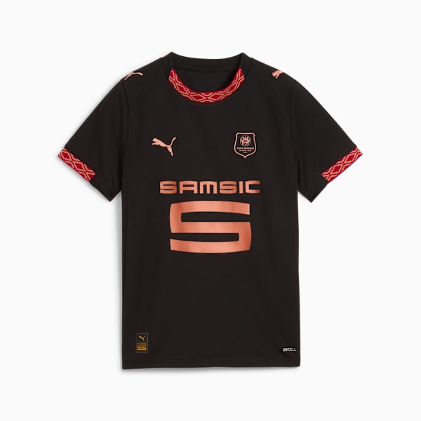 Black PUMA t-shirt for youth with bronze logos, 'Samsic' text and patterned trim.