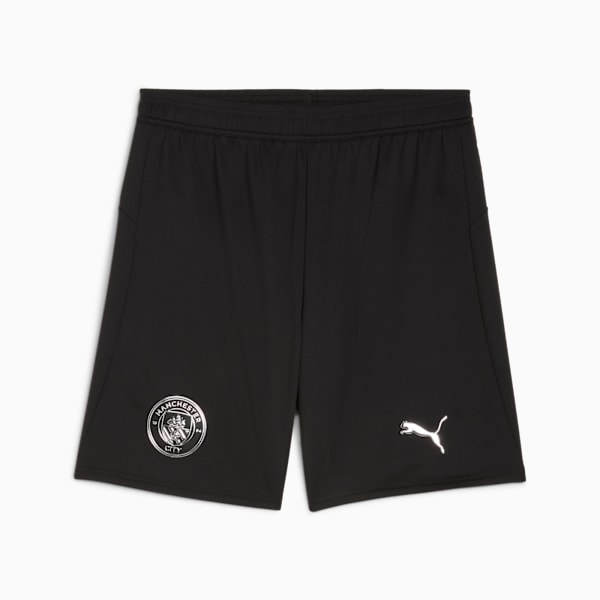 Black PUMA child's shorts with Manchester City badge and brand logo.