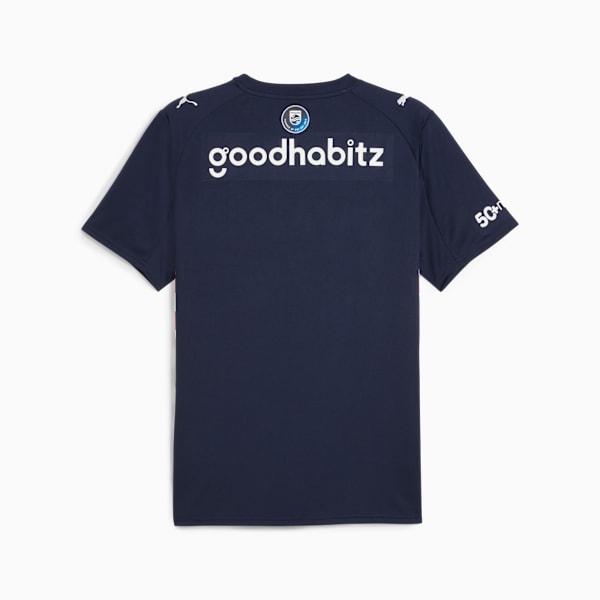 Navy PUMA T-shirt for adults, featuring 'goodhabitz' print and short sleeves.